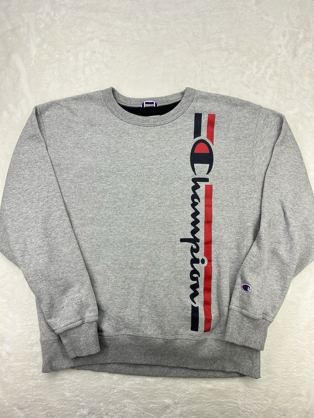 Champion Sweatshirt Mens L Gray Vertical Script Logo Crewneck Pullover